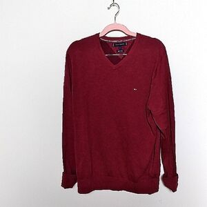 Tommy Hilfiger Men's Red Cotton Silk Blend V Neck Long Sleeve Sweater Size Large